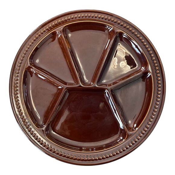 Vintage Brown Ceramic Divided Tray – 10" Round – Beaded Rim – 6 Compartments - Picture 1 of 2